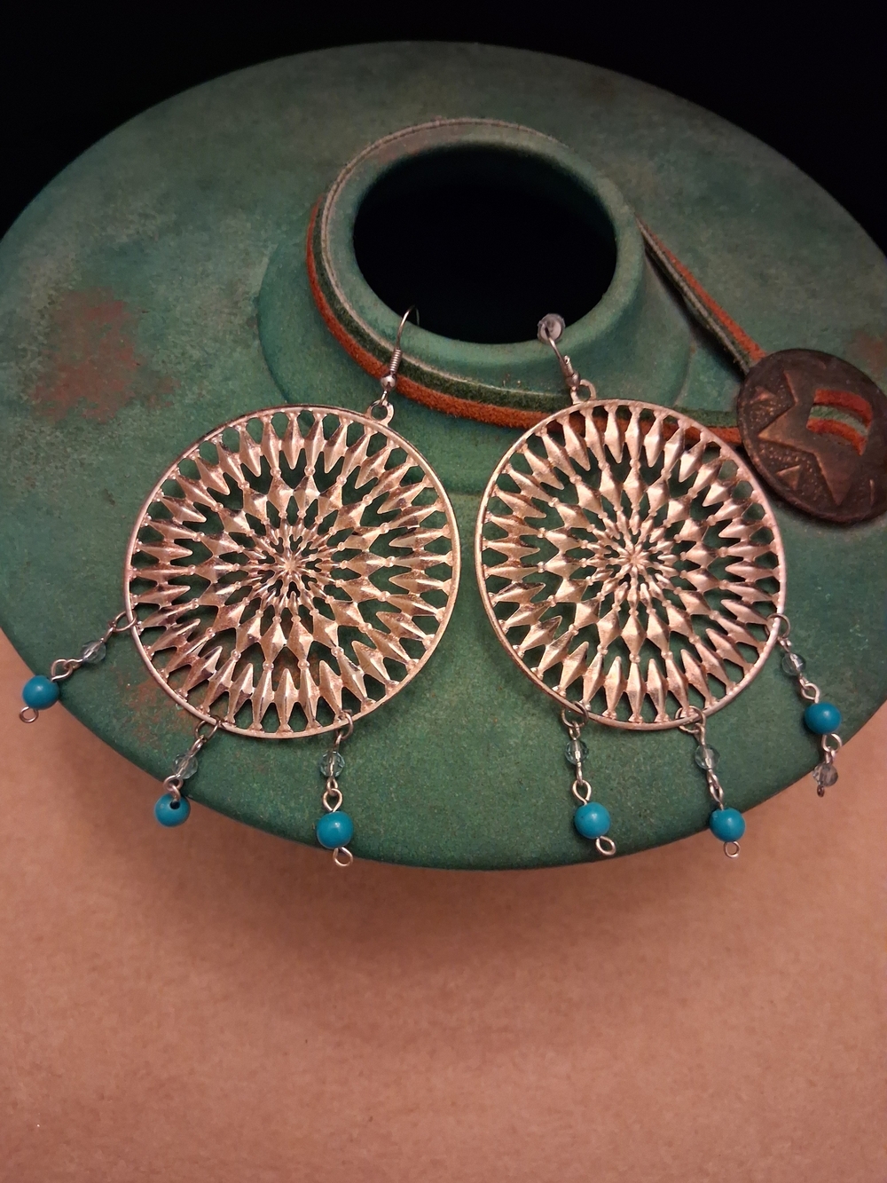 Southwest Boho Silver-Tone / Brass Finish Turquoise Dangle Pierced Earrings